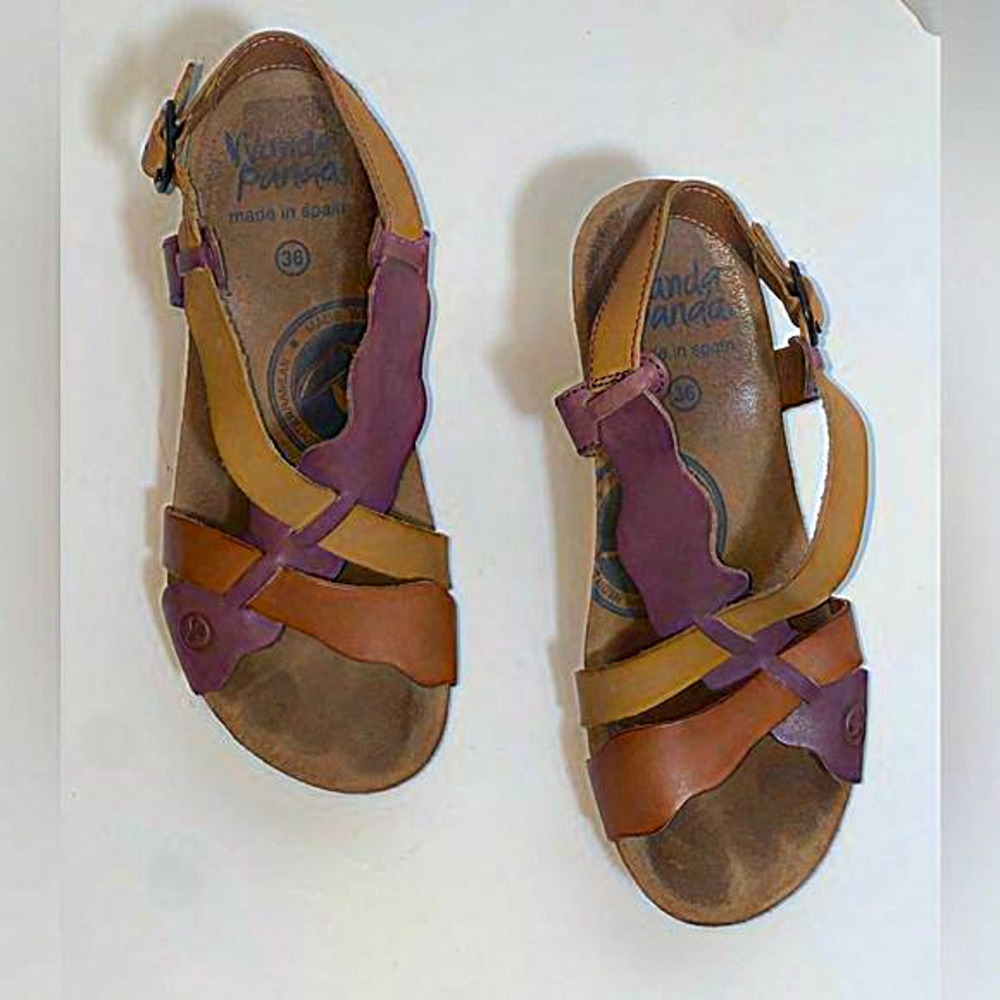 WANDA PANDA Purple & Tan Wedge Strappy Sandals size‎ 36. 5